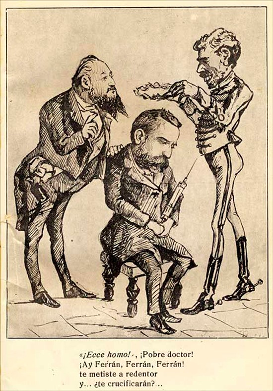 Caricatura Dr Ferran, Alfons XII i Romero Robredo