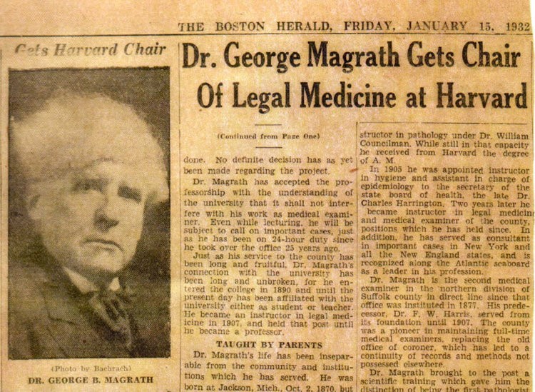Nota de premsa on es comunica que el Dr. Magrath ha obtingut la càtedra de medicina legal de Harvard