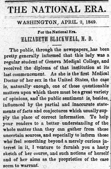 Menció a la premsa de l'entrega del diploma que acredita el títol de metge d'Elizabeth Blackwell