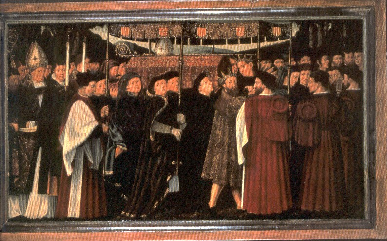 Fragment del retaule de Pere Nunyes i Henrique Fernandes, que representa el trasllat de les relíquies de Sant Sever a Barcelona. Museu Diocesà de Barcelona.