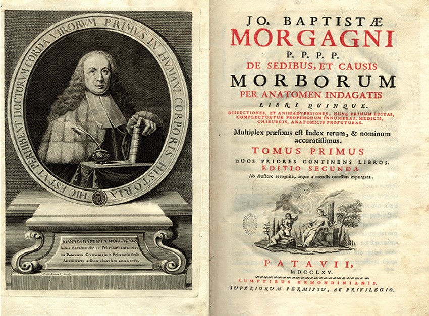 Retrat de Morgagni i portada del seu llibre