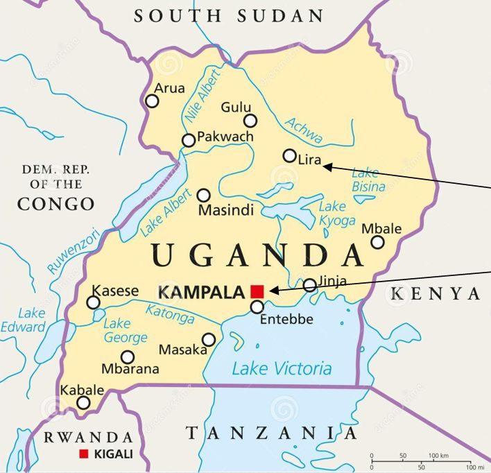 Mapa d'Uganda. Les fletxes assenyalen les poblacions on residirà, Lira i Kampala.