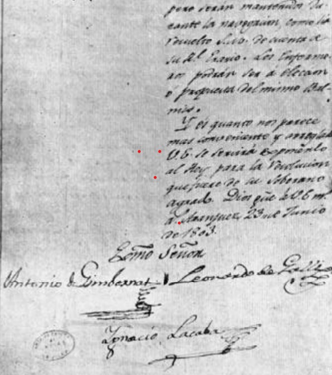 Els cirurgians de cambra, Antoni de Gimbernat, Leonardo de Galli i Ignacio Lacaba, aproven el projecte de Balmis