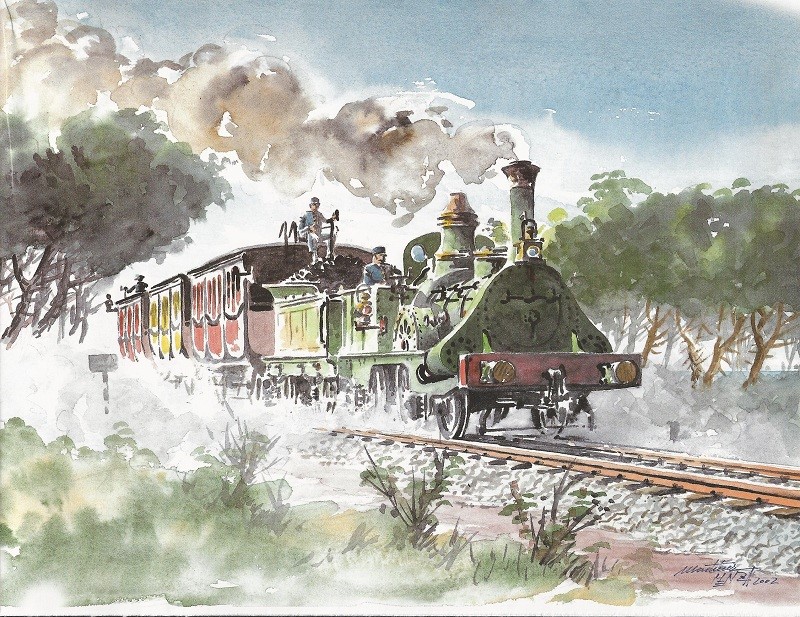 Pintura del Tren del centenari, rèplica del que inaugurà el ferrocarril Barcelona-Mataró. 
Fet per Adolfo Martínez Mendoza (Viajes ferroviarios de ayer, hoy y mañana).