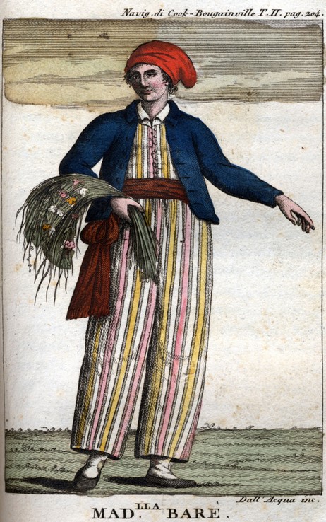 Jeanne Baret (o Barré), vestida de mariner, en un gravat de 1817, posterior a la seva mort.