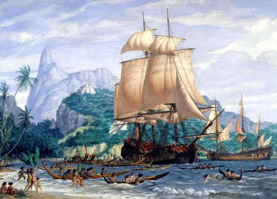 Arribada a Tahití dels vaixells de l'expedició de Bougainville, La Boudeuse i l'Etoile. Pintat per Gustave Alaux (c. 1930). Museu Marítim Nacional d'Austràlia.