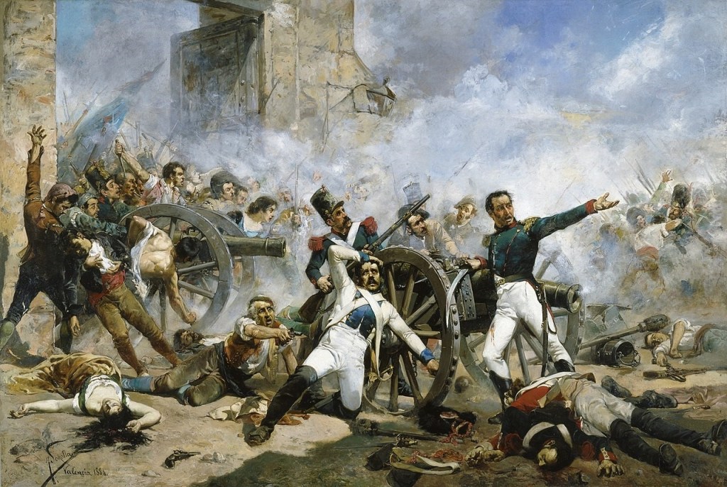Joaquín Sorolla: Defensa del Parc d'Artilleria de Monteleón, el dia Dos de maig de 1808, a Madrid. En el centre del quadre, el capità Pedro Velarde en el moment de ser ferit i dret, al seu costat, Luis Daoíz, ferit, també, però donant ordres.
