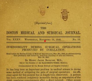 Títol de l'article de Bigelow en que descriu l'operació de Warren amb anestèsia d'èter.