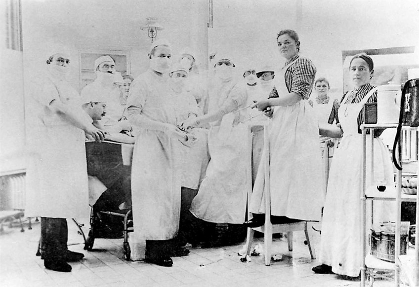 Quiròfan del Dr. Mikulicz el 1889, en el que tot el personal porta mascareta i gorra