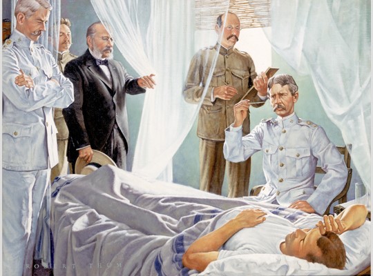 Pintura de Robert Thorn que mostra els membres de la Comissió. D'esquerra a dreta, el general Gorgas, Arístides Agramonte, Finlay, Carroll i Reed. Al llit, el soldat John Kissinger picat per mosquits.
