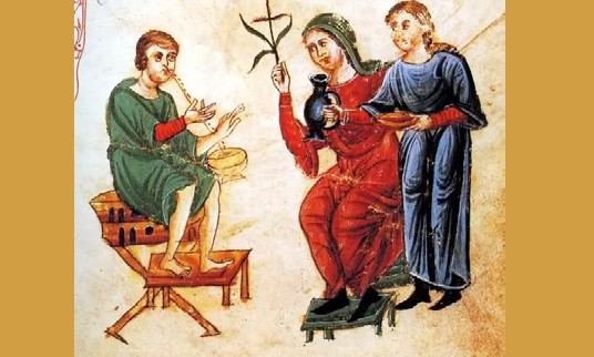 Il·lustració medieval de Tròtula de Salerno curant una epistaxis