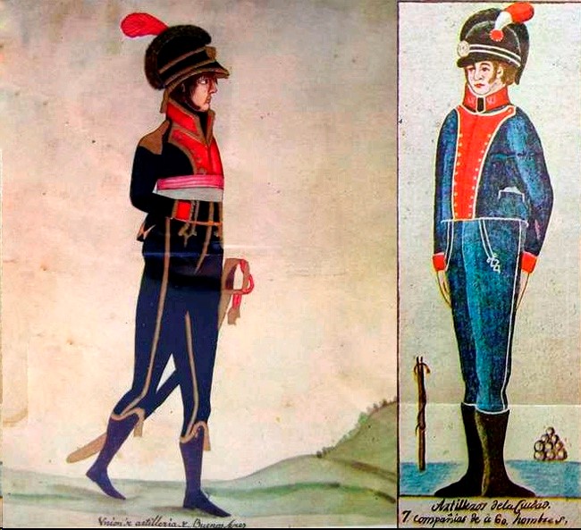 Oficial i soldat del cos d'artillers voluntaris de la Unión, cos en el que estava integrat Salvi Gafarot, en una làmina de Justo Doldan, 1807.