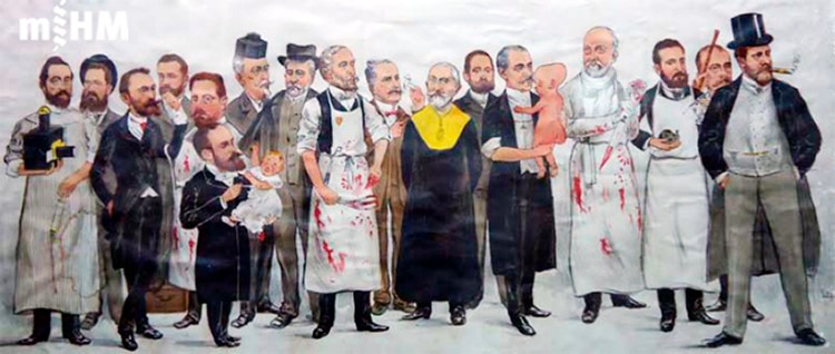 Caricatura del claustre de professors de la Facultat de Medicina de la UB. de 1907 . D'esquerra a dreta: Carlos Calleja, Antoni González Prats, Antoni Riera Villaret, Eusebi Oliver Aznar, Gil Saltor, Andreu Martínez Vargas, Ramon Coll Pujol, Ignasi Valentí, Miquel A Fargas, Mariano Batllés, Rafael Rodríguez Méndez, amb vestit de rector, Francesc Rusca, Joaquim Bonet Amigó, Antoni Morales, Alexandre Planellas, Martí Vallejo Lobón i Valentí Carulla.1907. [Museu d'Història de la Medicina]
