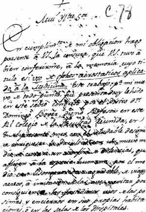 Primera pàgina de la censura a la dissertació que llegí Domingo Bover el 8 de maig de 1800 en la junta literària celebrada al Reial Col·legi de Cirugia de Barcelona a càrrec del catedràtic Antoni San Germán el 29 de maig de 1800.
