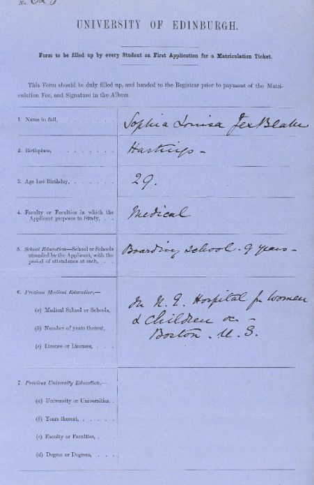 Formulari per matricular-se de Sophia Jex-Blake, enviat a la Universitat d'Edimburg, i recuperat del seu arxiu
