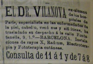 En el mateix diari de Manresa, el Dr. Vilanova anuncia el trasllat de la seva  consulta en la que disposarà d'instal·lacions de RX, radi, electroteràpia i fototeràpia.