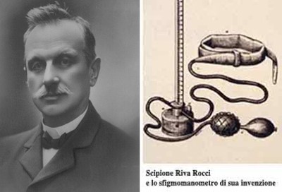 El Dr. Riva - Rocci a l'esquerra; a la dreta l'aparell per mesurar la TA que va inventar, adaptant el que havia dissenyat Basch