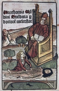 Lliçó d'Anatomia de Mondino de Luzzi. La persona asseguda en una trona és Mondino de Luzzi i qui fa la dissecció, Alessandra Giliani