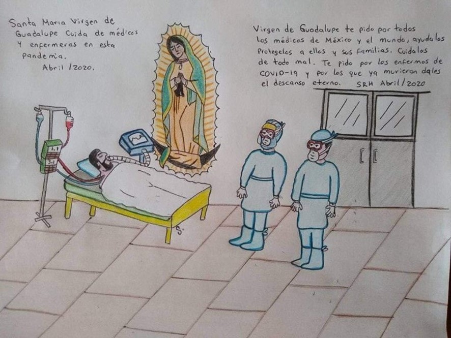 L'exvot mostra un malalt amb COVID-19, connectat a un respirador i transfós, dos sanitaris que duen un equip de protecció individual i una imatge de la verge de Guadalupe