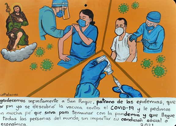 Vacunació de dues persones. Interpretem que es tracta de la vacuna anti-COVID, ja que es veuen disperses en l'aire partícules virals (de color verd)