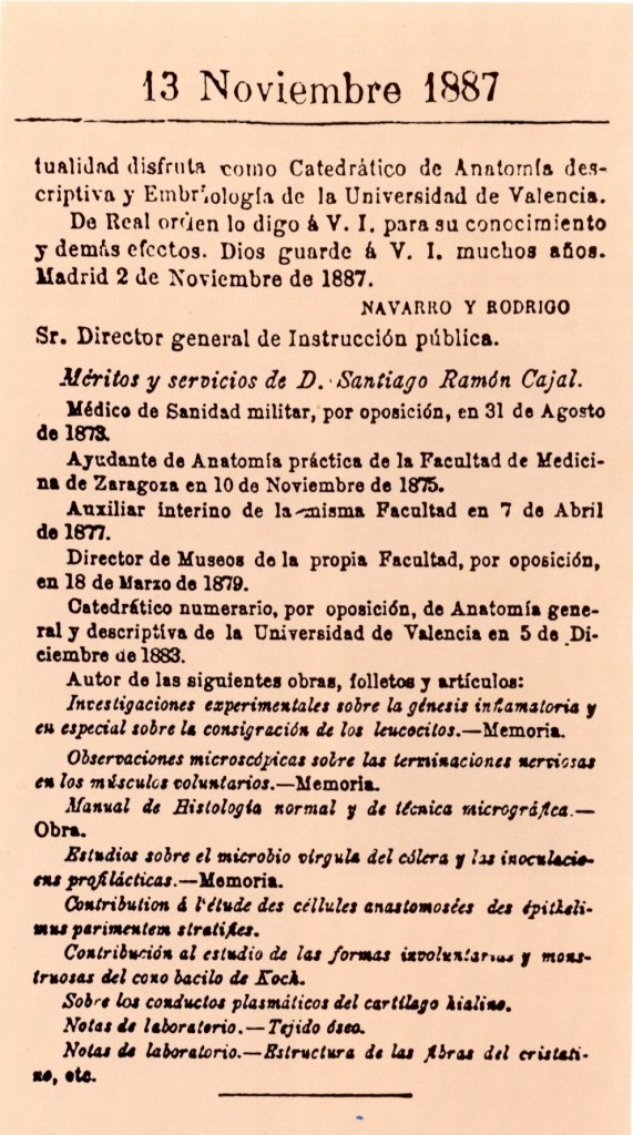 CV que presenta Santiago Ramón y Cajal per optar al concurs de mèrits per la plaça de catedràtic d'Histologia de Barcelona.