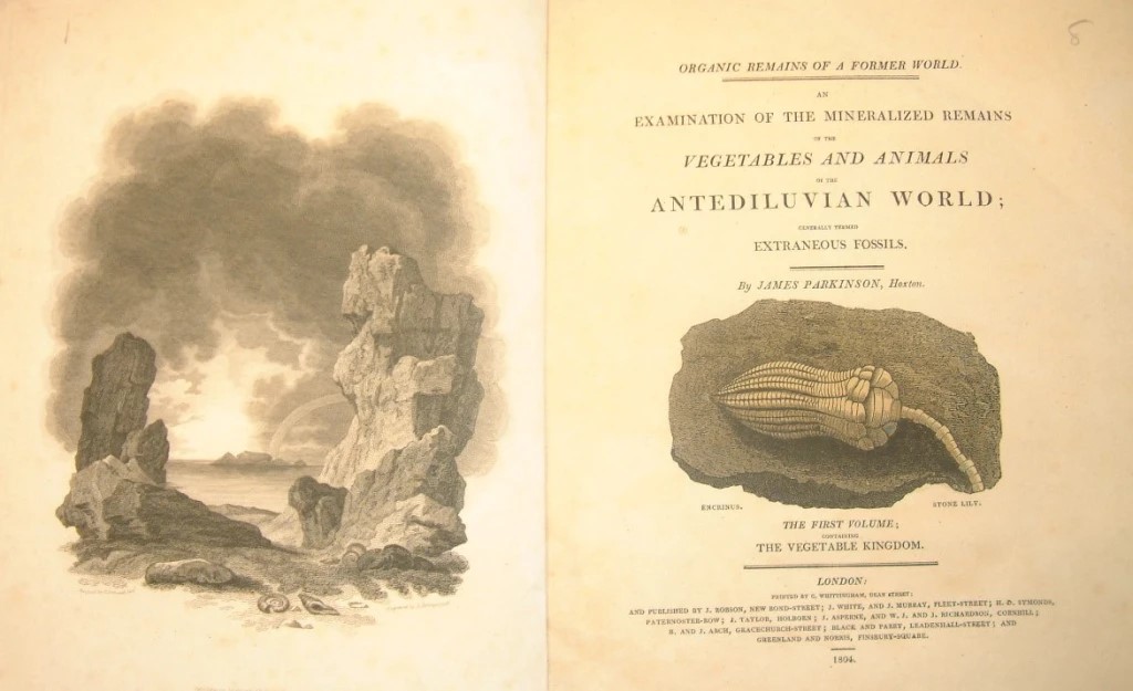 Il·lustració i primera pàgina d'un llibre de Parkinson sobre fòssils, pel qual va guanyar una medalla d'or del Royal College of Surgeons