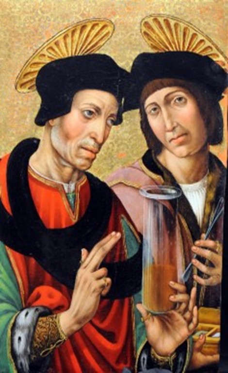 Sants Cosme i Damià. Pintures en tables gòtiques i renaixentistes de l'església de Santa María la Mayor, atribuïdes al “Maestro de Alcañiz” (possiblement Baltasar Guiu) (c 1520). Museu d'Alcañiz.