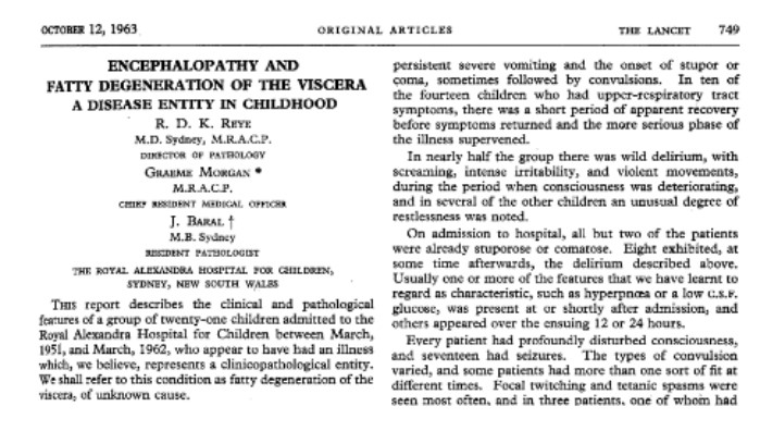 Primera publicació de la síndrome de Reye