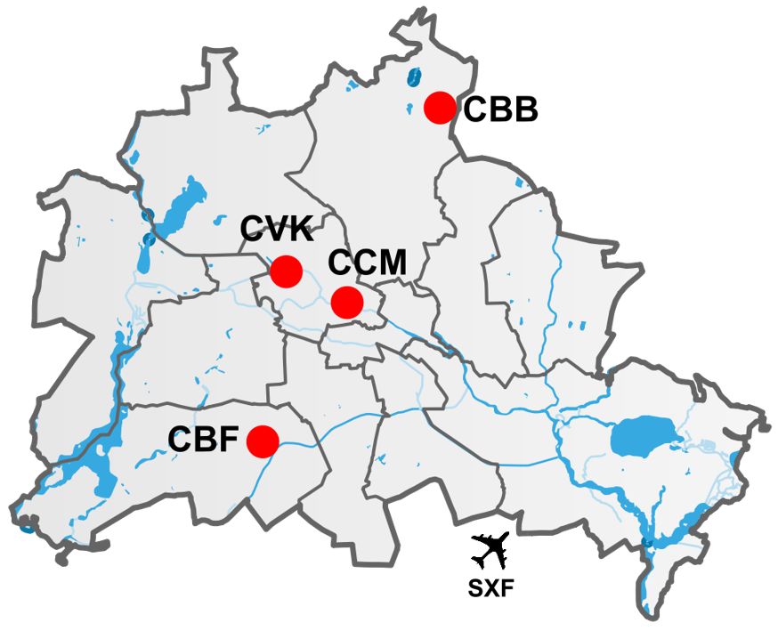 Campus universitari de la Charité de Berlin . CCM = Charité Campus Mitte CVK = Charité Campus Virchow CBF = Charité Campus Benjamin Franklin CBB = Charité Campus Buch