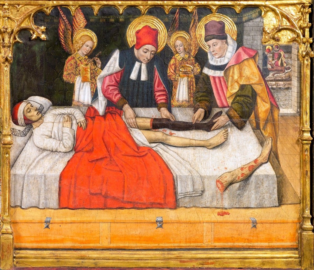 Fragment del retaule dels Sants Abdó i Senen, pintat per Jaume Huguet. L'escena del trasplantament de la cama està en una escena de la predel·la. Al fons i a la dreta de la cambra on hi ha el llit, es veu una altre escena (veure Fig. 5)