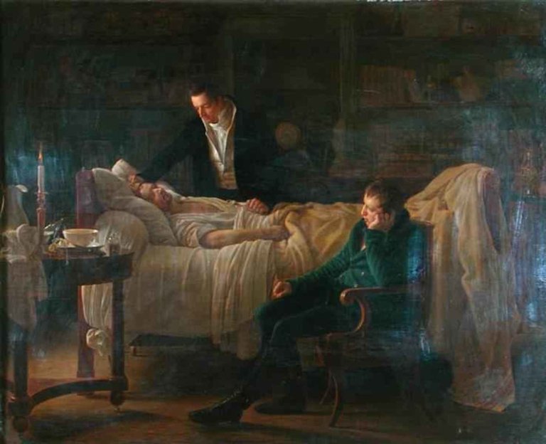 La mort de Bichat rodejat pels seus amics, els Doctors Esparron i Roux (1802) per Louis Hersent. Museu d'Història de la medicina. Universitat de Paris René Descartes
