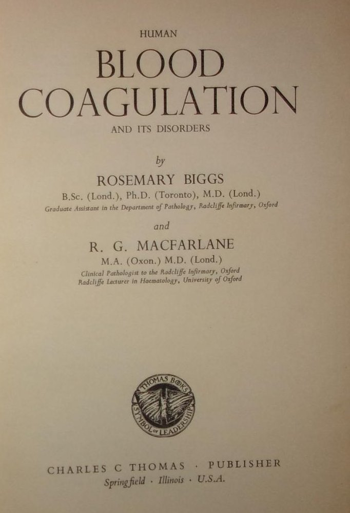 Portada del llibre de Macfarlane i Biggs “Human blood coagulation and its disorders“(Abebooks)