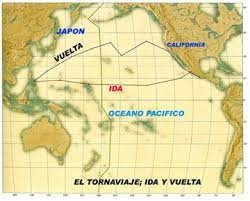 Rutes d'anada i tornada del Galeón de Manila. L'anada és el traçat inferior i la de tornada, més al Nord, és el traçat superior.