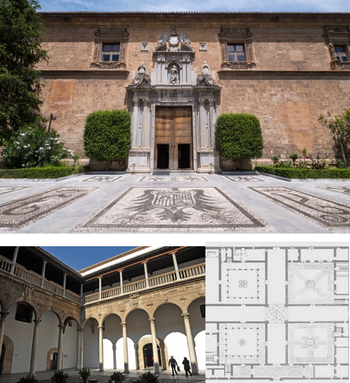 Hospital del Rei de Granada. Foto superior, porta principal. A baix a l'esquerra, un dels quatre patis; dreta. Plànol: planta cruciforme i un pati a cada angle