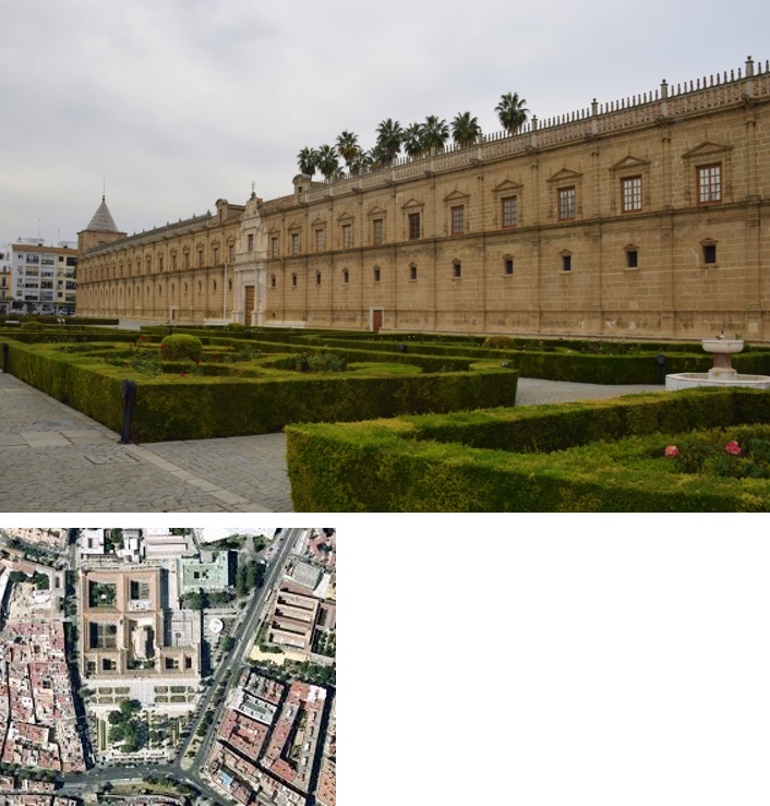 Hospital de las cinco llagas de Sevilla: façana, a dalt i plànol a sota