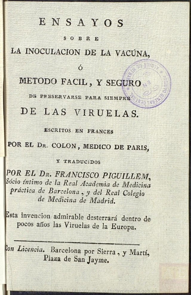 Llibre sobre la vacunació contra la verola escrit per François Colon i traduït al castellà per Piguillem