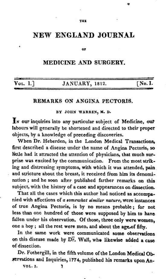 Article de Warren en el primer número de la revista New Engl J.Med. Surg. el mes de gener de 1812