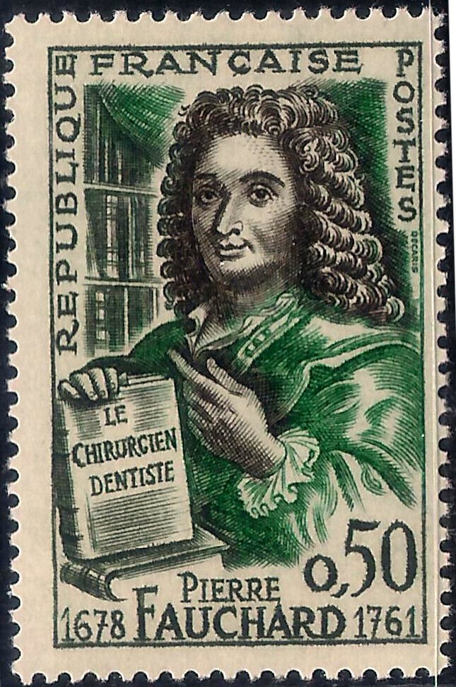 Segell postal francès amb la figura de Fauchard sostenint el seu llibre en dos volums