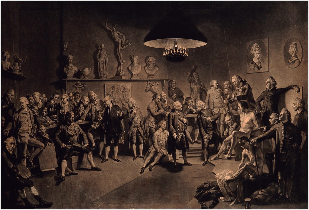 Classe de William Hunter al Royal College of Arts, 1783, segons Johan Zoffany, mitja tinta. Wellcome Collection.