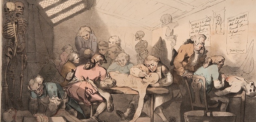 Una visió satírica que probablement representa la sala de dissecció de l'escola d'anatomia de William Hunter al carrer Great Windmill, de TC Wilson, basat en un dibuix de Thomas Rowlandon, 18