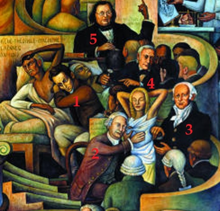 Metges clínics a la part central: Laennec (1), Auenbrugger (2), Corvisart (3), Bouillaud (4) i Skoda (5).
