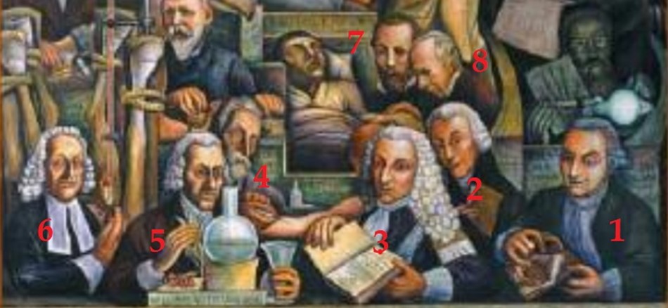 Part inferior del mural, de dreta a esquerra, Galvani (1), Heberden (2), Sénac (3), Fraenkel (4), Whitering (5) i Stephen Hales (6). A sobre, al costat d'un malalt, Traube (7) i Stokes (8)