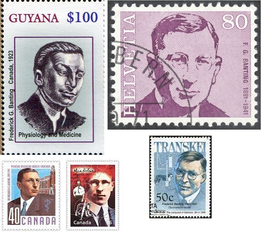 Segells de Canada, de la República de Transkei (Sud-Àfrica), de Guaiana i de Suïssa que representen a Banting