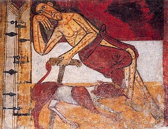 Llàtzer esperant a la porta del ric Epuló, fresc romànic de l'església de Sant Climent de Taüll, ara al Museu Nacional d'Art de Catalunya, Barcelona.