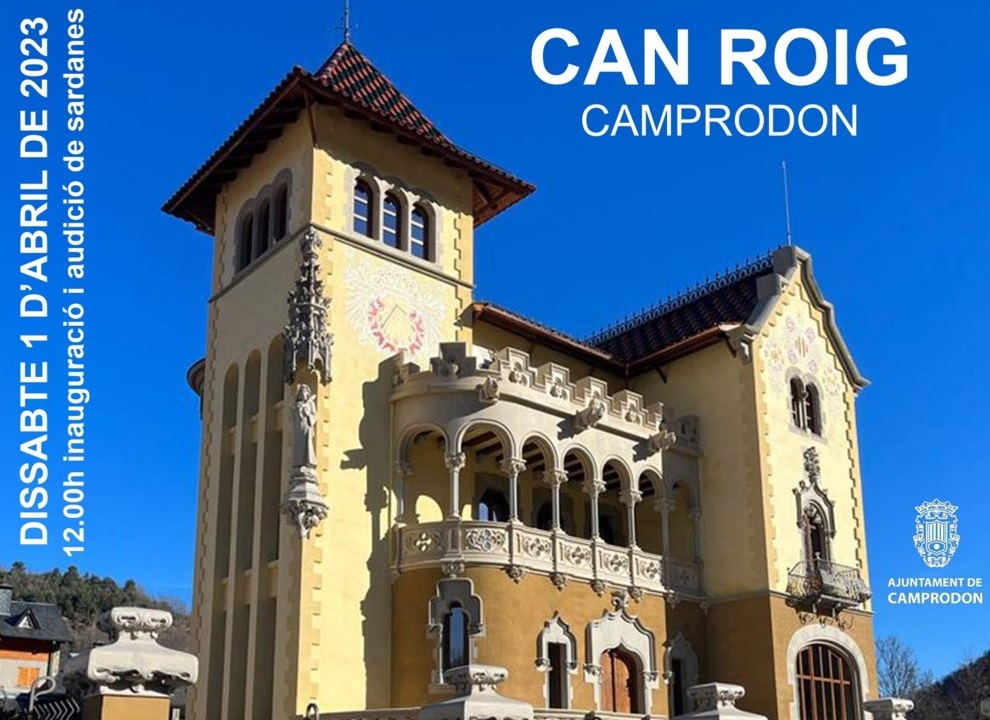 Cartell anunciant la inauguració de l'obra feta en l'edifici modernista de can Roig