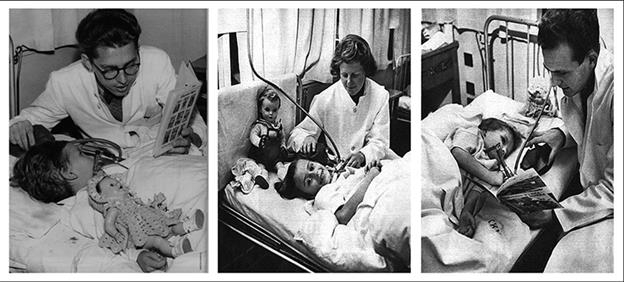 Estudiants de medicina aplicant als seus pacients infantils el sistema de ventilació manual amb pressió positiva proposat per Ibsen durant l’epidèmia de poliomielitis a l'Hospital Blegdam. Copenhague. 1953.
