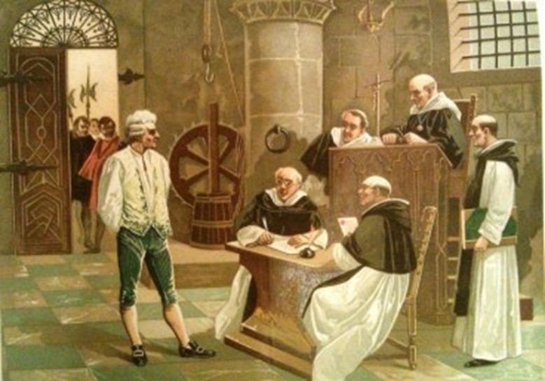 Un tribunal d'inquisició. El metge és el seglar. Tots els altres son dominics.