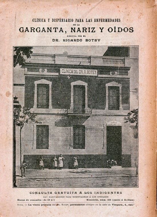 Anunci de la Clínica i dispensari de malalties de la gola, nas i oïda, del doctor Ricard Botey i Ducoing al carrer Roselló