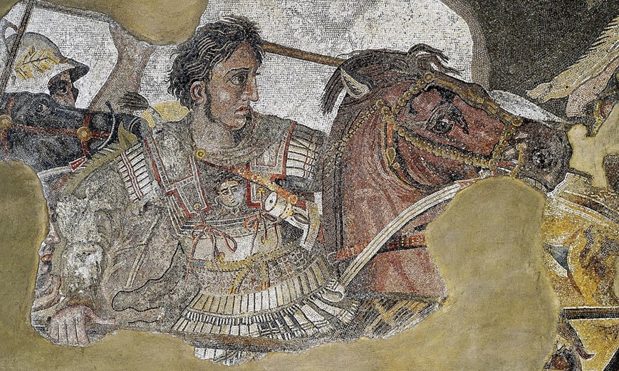Alexandre el Gran lluitant contra Darios III de Pèrsia a la batalla d'Issos. Detall del mosaic de la casa del Faune de Pompeia, Museu Arqueològic Nacional de Nàpols
