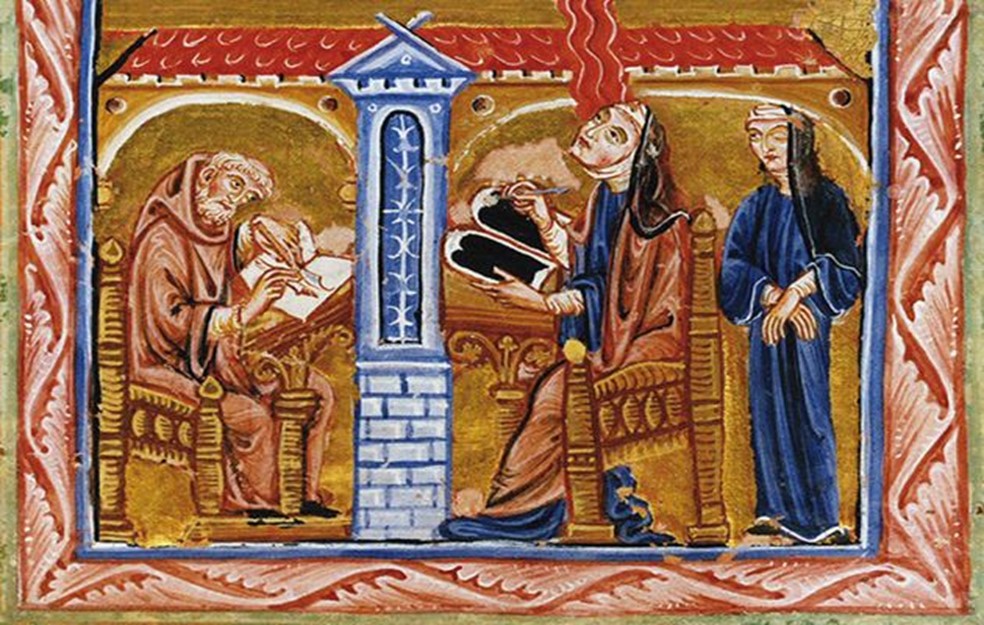 Hildegard de Bingen en tasca d'escriptura. Miniatura del segle XIII